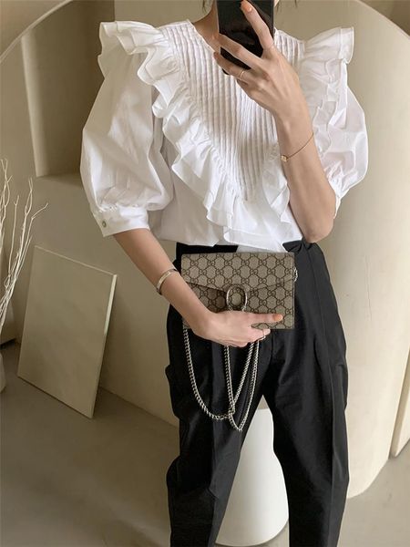 

women's blouses & shirts chic fashion solid white elegant v-neck ruffles sweet girl elegnat summer for ladies 2021