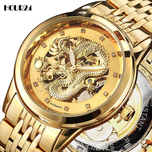 Роскошный дракон скелет автоматические механические наручные часы для мужчин из нержавеющей стали ремешка золотые часы водонепроницаемый человек Relogio подарок Q0902