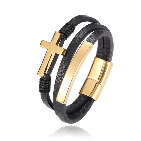 

kimter stainless steel leather cuff wrapped bracelet jewelry women bangle men cross bracelets q291fz, Golden;silver