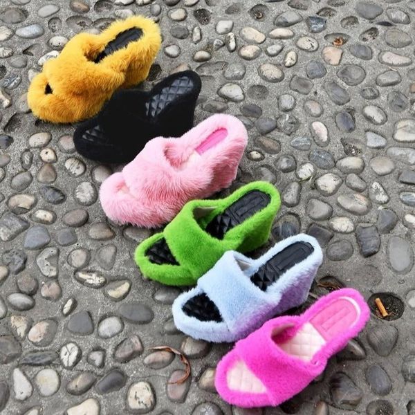 

slippers shoes plush for adults big size women heels flock low luxury slides pantofle fur high designer wedge 2021 basic rome ru, Black