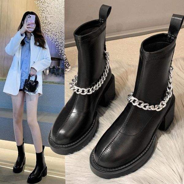 

boots fashion spring and autumn single 2022 casual korean style thick-heeled round toe cap foot metal, Black