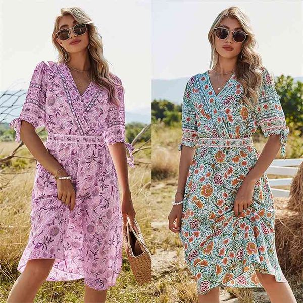 

summer printed short sleeve women dress vintage v neck floral holiday elegant fashion vestido clothes 210508, Black;gray