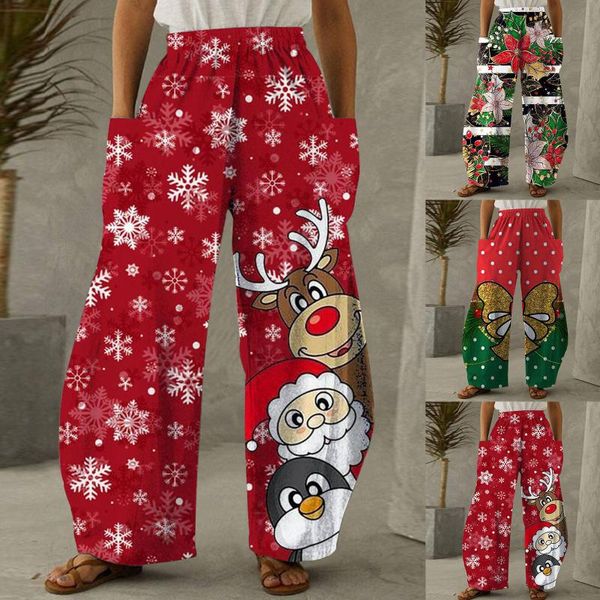 

women's pants & capris 2021 autumn christmas ladies loose sleep bottoms elk printed soft cotton satin simple style wide leg homewear pa, Black;white