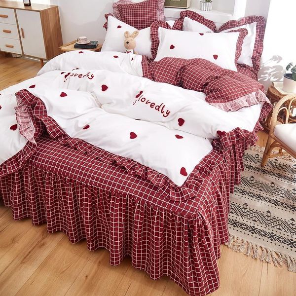 

duvet cover set red heart plant cashmere bed skirt 4pcs thick sanding korean princess style double single bedding sets