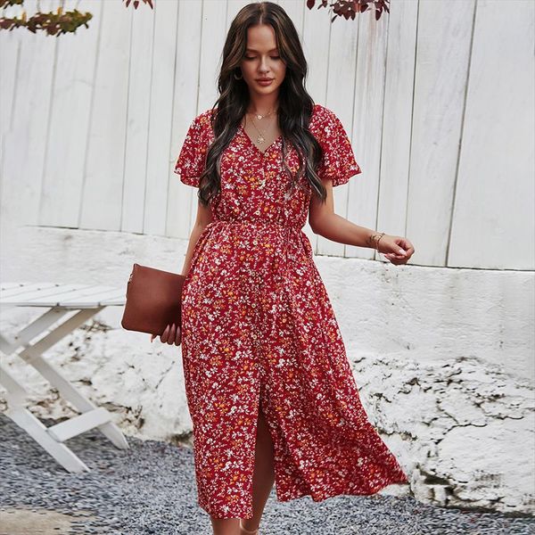 

summer v neck button womens dress vintage floral printed bohemian maxi dresses woman casual beach holiday vestido, Black;gray