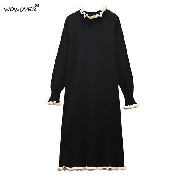 

casual dresses fashion autumn winter knitted for women 2021 long sleeve loose sweaters vestidos ruffled collar black robe femme, Black;gray
