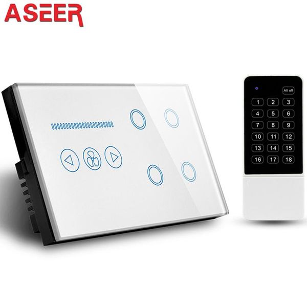 

smart home control aseer uk 4 gang wireless switch + ceiling fan with remote control, white/black crystal glass panel,ac110-240v