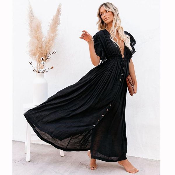 

women's swimwear bikini cover up beach sarong long maxi dress women tunic pareo black robe bathing suit beachwear 2021, White;black
