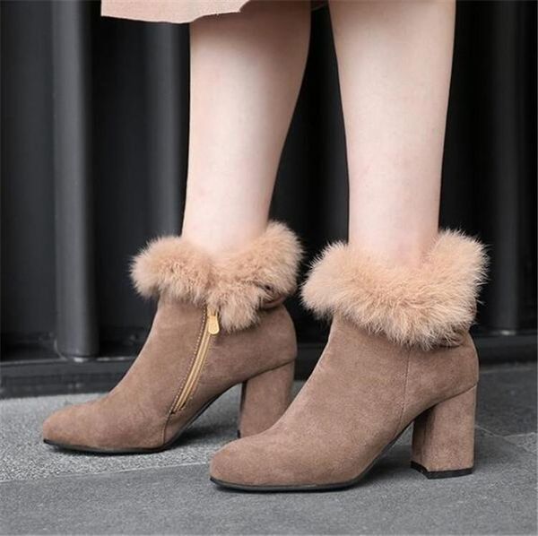 

boots pxelena vogue korean square high heels ankle ladies shoes faux fur decor round toe office date party women 34-43, Black