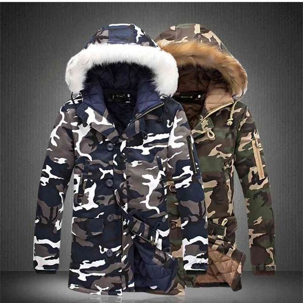 

camouflage parka mens winter jacket big fur collar fashion middle long coats plus size coat homme 5xl 210819, Black