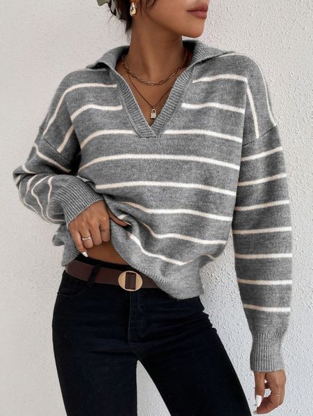 

striped notched drop shoulder sweater j9gv#, White