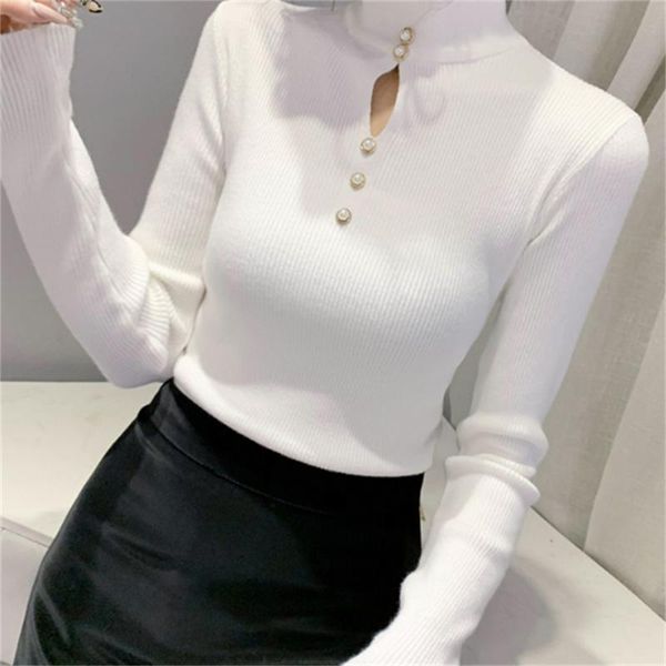 

women's sweaters 2021 half-high neck sweater hollow spring and autumn slim-fit long-sleeved bottoming h1085, White;black