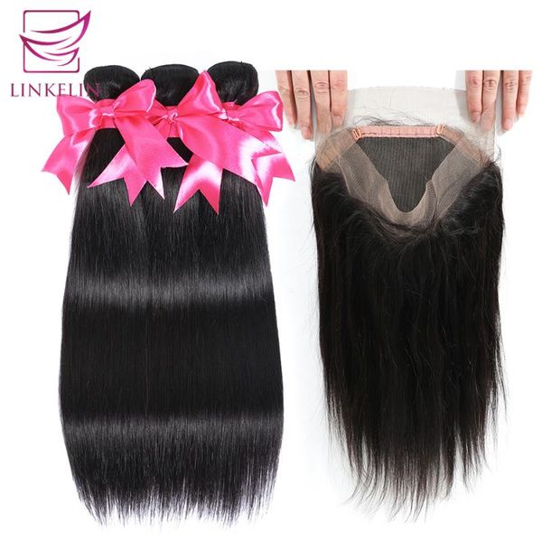 

human hair bulks linkelin brazilian straight bundles with 360 lace frontal closure natural color remy 3, Black