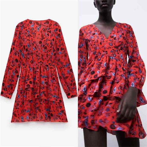 

ruffled print red mini dress women long sleeve elegant party dresses woman chic flounced hem interior lining vestido 210524, Black;gray