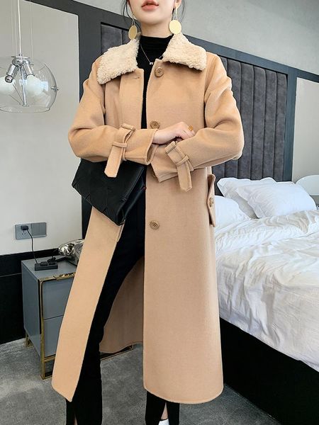 

women's wool & blends double sided cashmere coat middle and long knee loose lamb collar 2021 autumn winter high-end, Black