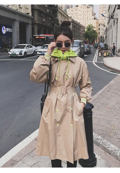 

women's trench coats casual windbreaker mid-long coat spring and autumn 2021 design black with hooded, Tan;black