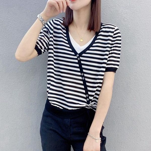 

women's sweaters 2021 real 20532 (5 4 3) powder purple web celebrity figure v-neck inclined stripe draw string [2000] 36 with short sle, White;black
