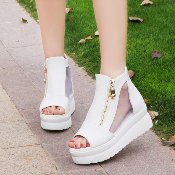

spring and summer fish mouth roman shoes thick-soled increased sandals ladies fashion mesh side zipper women's trend, Black