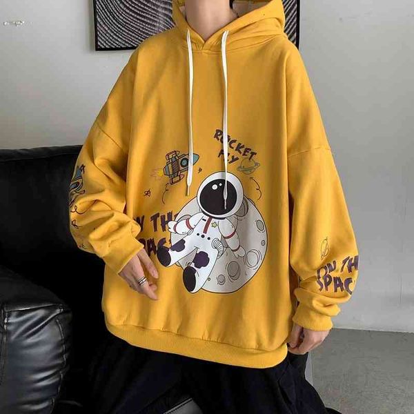 

2021 autumn hip hop large cartoon astronaut flower sweater couple hooded sweater men and women, Black