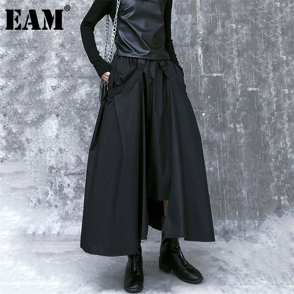 

[eam] high elastic waist black buckle split joint irregularhalf-body skirt women fashion tide new spring autumn 1da108 210319