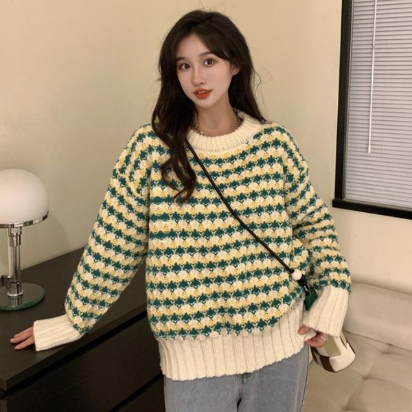 

women's sweaters loose patchwork striped contrast color sweater women fall winter warm o-neck long sleeve jumpers korean chic knit pull, White;black