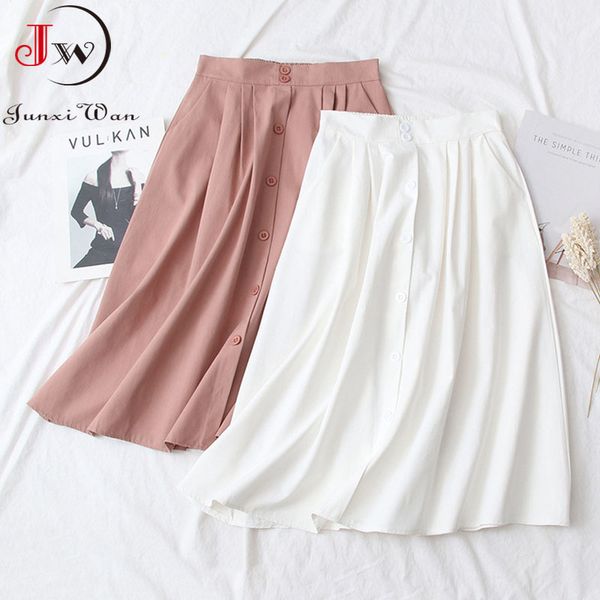 

women summer white cotton skirt saia casual solid high waist a-line elegant chic office ladies midi skirts faldas jupe 210510, Black