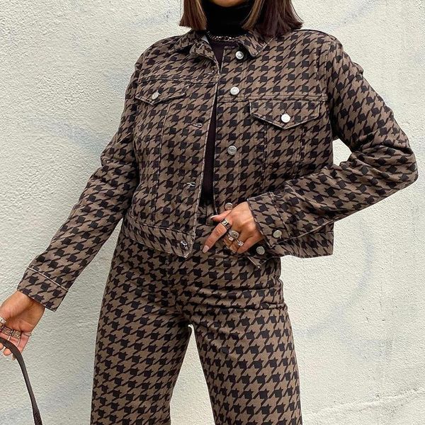 

women's jackets houndstooth plate vintage adjacent jacket women elegant casual reindeer jas button turn down collar overcoat y2k, Black;brown