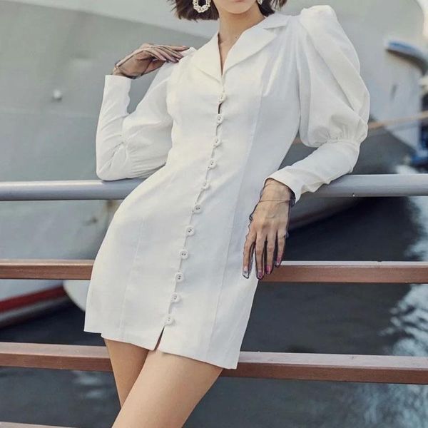 

casual dresses vintage lantern sleeve single breasted bodycon dress women autumn 2021 elegant notched mini outfits female streetwear, Black;gray