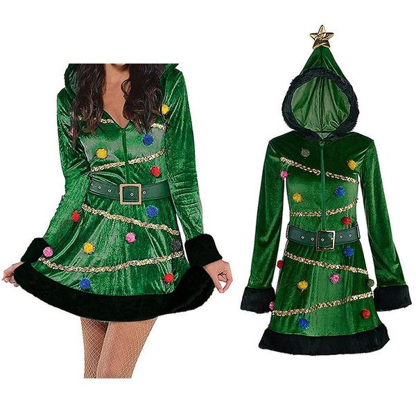 

casual dresses women christmas tree dress, hooded sequin dance costume with belt, pom-pom, Black;gray