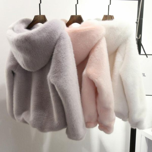 

women's fur & faux winter mink coat long lantern sleeved women hooded zipper warm flocking cardigan fluffy jacket with hat, Black