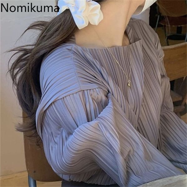Nomikuma Kausalen Oansatz Frauen Hemd Koreanische Gefaltete Langarm Blusas Femme Herbst Chic Solide Blusen Feminimos Tops 6C279 220307