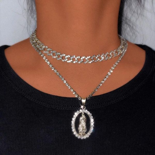 

chains virgin mary portrait pendant tennis chain necklace for women multilayer cuban link luxury rhinestone jewelry gift, Silver