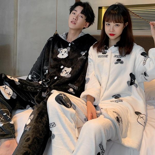 

women's sleepwear couple pajamas spring, autumn and winter cartoon pattern coral fleece thickened plush flannel home service men women, Black;red