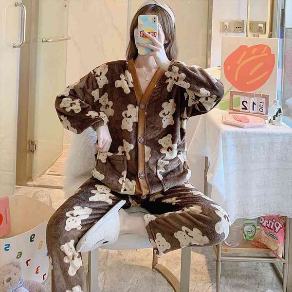 

womens pajamas winter loose warm cardigan flannel suit satin sleep cartoon bear cute home service pajamas, Black;red
