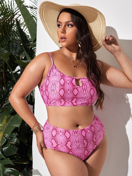 

plus snakeskin print keyhole bikini swimsuit 47lr#, Black