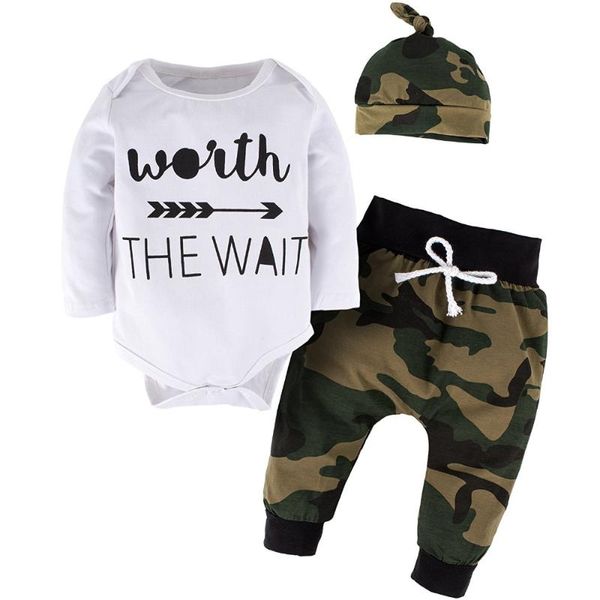 

3pcs toddler baby boys clothes outfits set infant born girls clothing letter arrow bodysuit +camouflage pants+hat sets, White