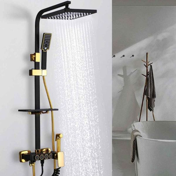 

yujie bathroom four-speed three-speed shower black shower set with shelf nozzle, spray gun, copper body faucet zhhy-3001