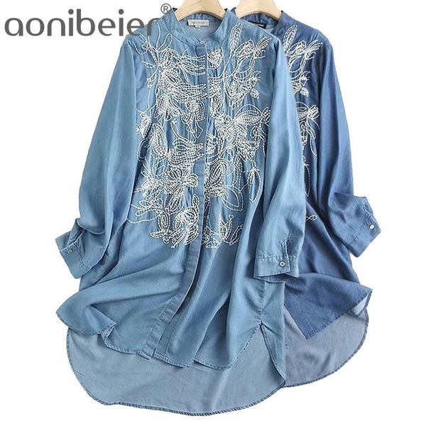 

embroidered denim shirt dres blue floral casual spring long summer work offiec lady cotton 210604, White
