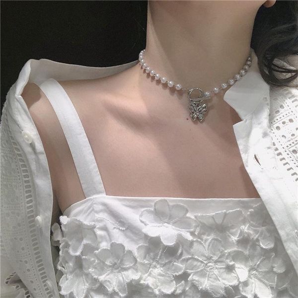 

kpop vintage estÃ©tica perla exquisita gargantilla de diamantes imitaciÃ³n mariposa acero titanio collar para mujeres egi pendant necklaces, Silver