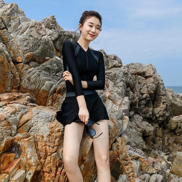 

one-piece suits long sleeve swimsuit for women rash guard surfing suit bathing swimming woman color zipper korea female solid spandex