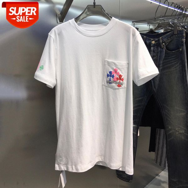 

tier ch crowe chest pocket foam print decoration back color cross short sleeve t-shirt for men and women #ji09, White;black