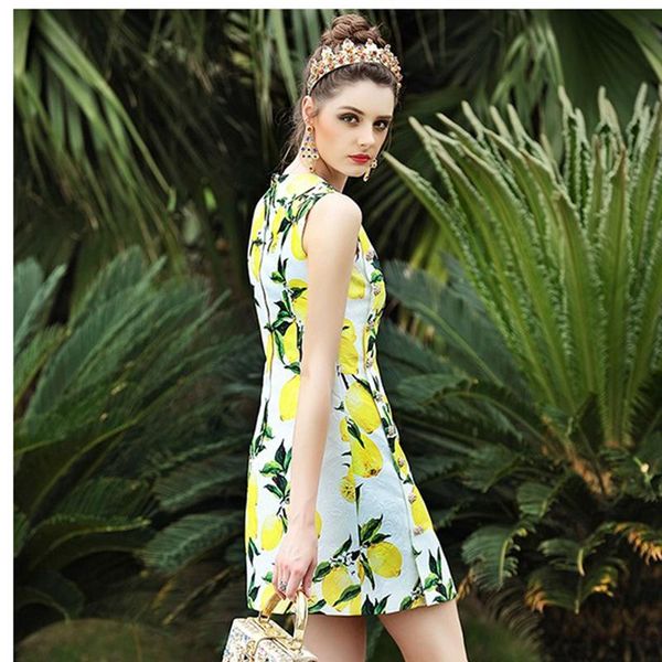 

casual dresses summer runway designer dress women's yellow lemon fruit printed elegant crystal button a-line, Black;gray