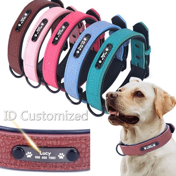 

dog collars & leashes collar sturdy personalized leather padded pet id customized for small medium large dogs cat 4 size