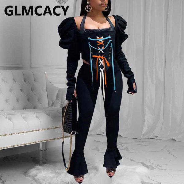 

two peice set for women puff sleeve lace up & bodycon flare pants 210702, White