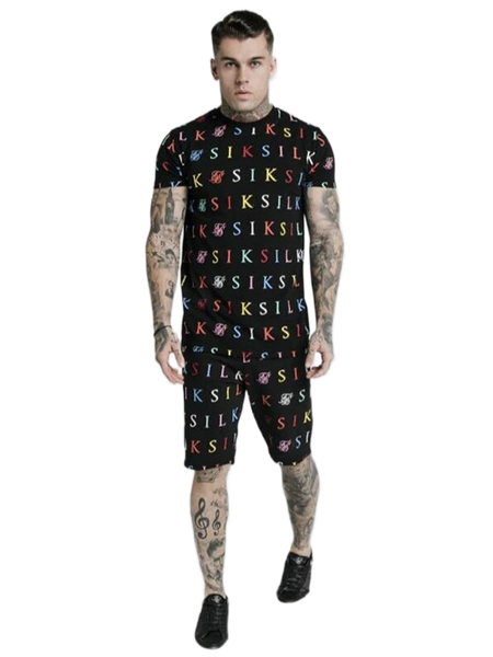 

suit ropa hombre siksilk high street 3d polyester round neck running training mens brand t-shirt travel shopping 2-piece set, Black