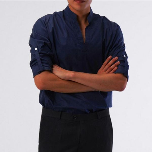 

men's casual shirts 2021 stylish male shirt long sleeve v neck solid color shrink resistant stand collar men streetwear for vacation, White;black