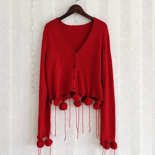 

women's knits & tees runway fashion sweater 2021 autumn winter v-neck hairball tassel red black white elegant short