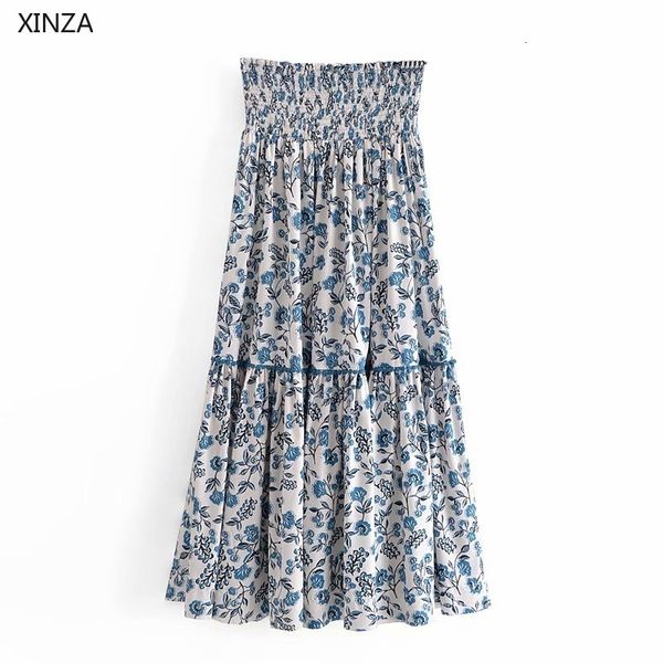 

skirts women floral print blue summer skirt vintage high waist pleated midi woman fashion elastic smocked skrit x3h8, Black