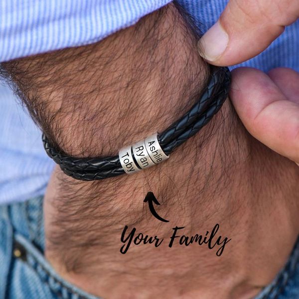 Pulseira de corda trançada de couro com caixa de presente mulheres homens personalizados clasps magnéticos genuínos personalizar o nome do cordão de aço do nome