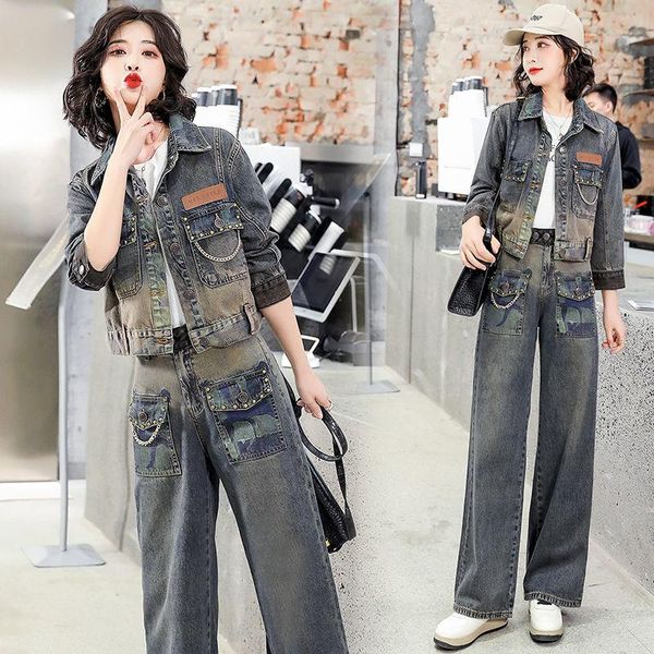 

fashion workwear denim suit women's 2021 spring and autumn korean western-style jacket wide leg jeans two-piece set two piece pants, White